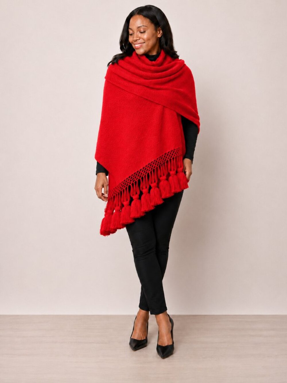 Red Pashmina Wrap With Tassles Shawl for Women Wool Cotton Blend 80" x 26" - Picture 1 of 9